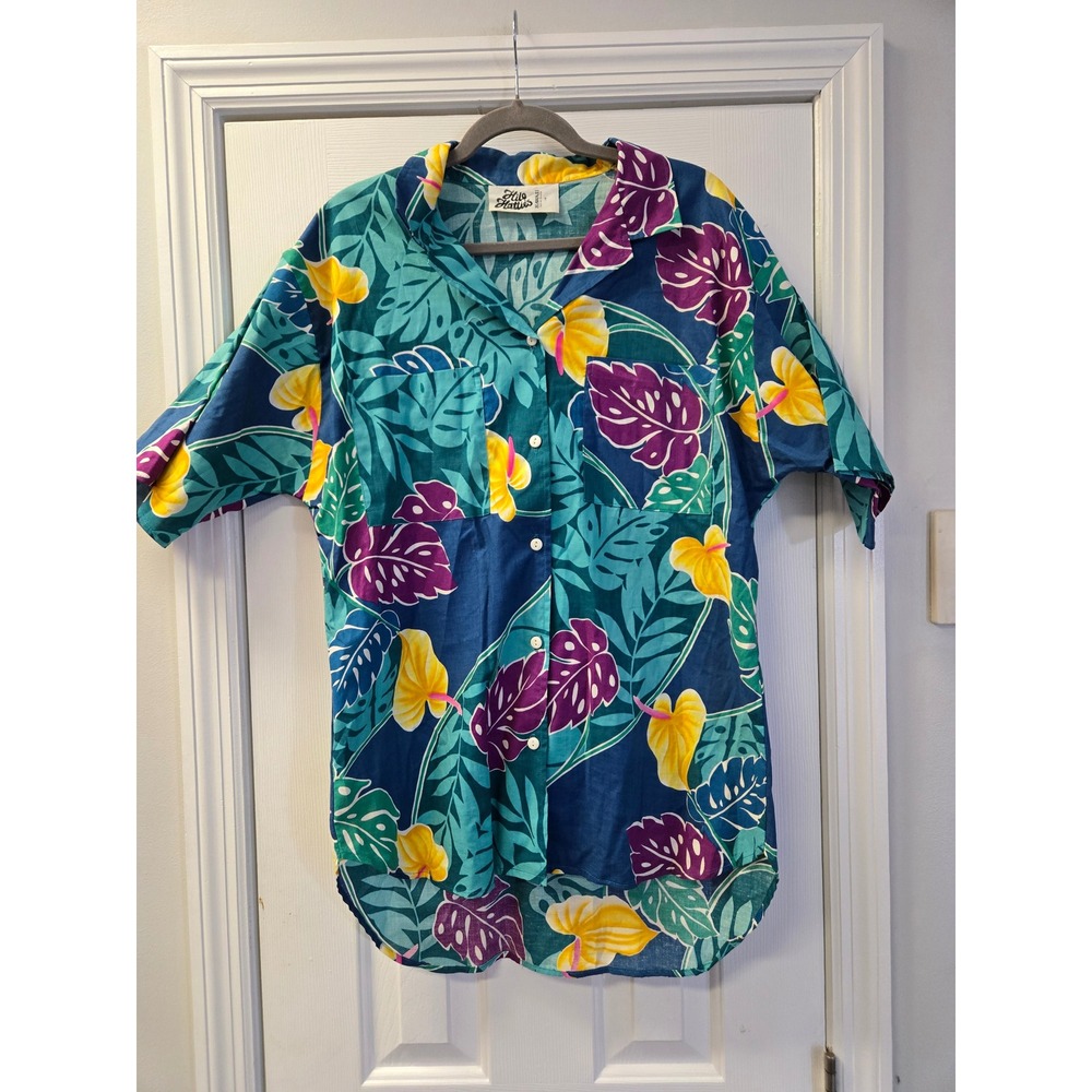 Hilo Hattie Mens Hawaiian Shirt S/M Floral Monstera Cotton Made in Hawaii
